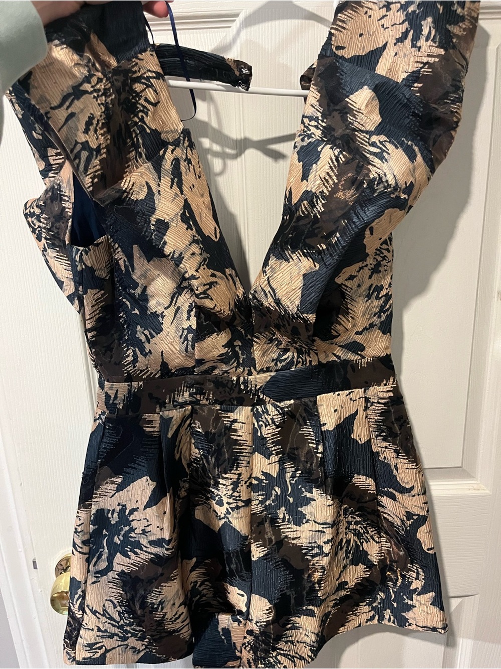 Black and Gold Textured V-Neck Party Romper
